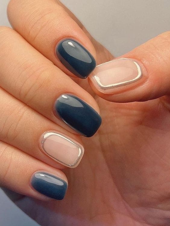 Korean dark blue nails: minimalist lines
