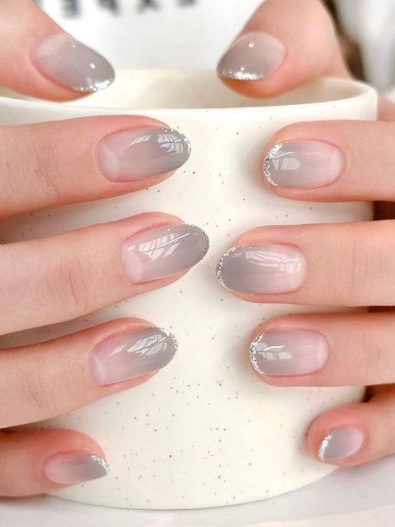 silver glitter French tips