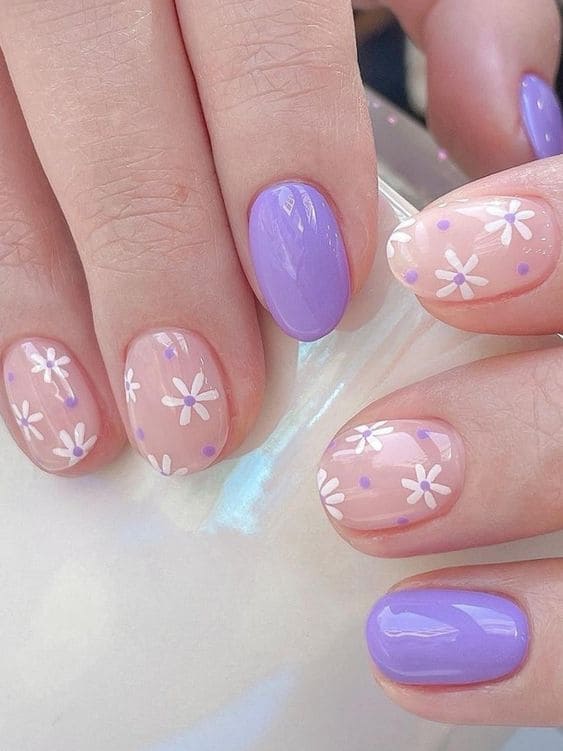 Korean light purple nails with flower accents