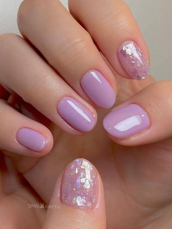 Korean light purple nails with glitter