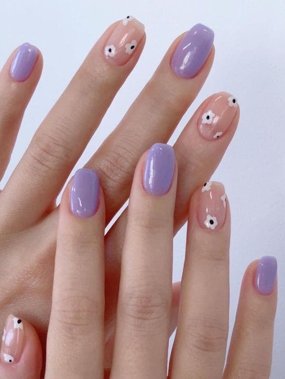 Korean light purple nails with flower accents