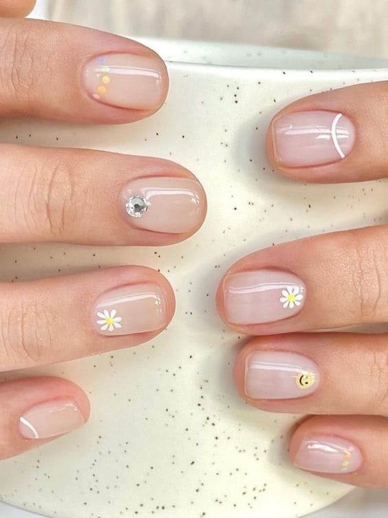 Korean sheer nails with tiny embellishments