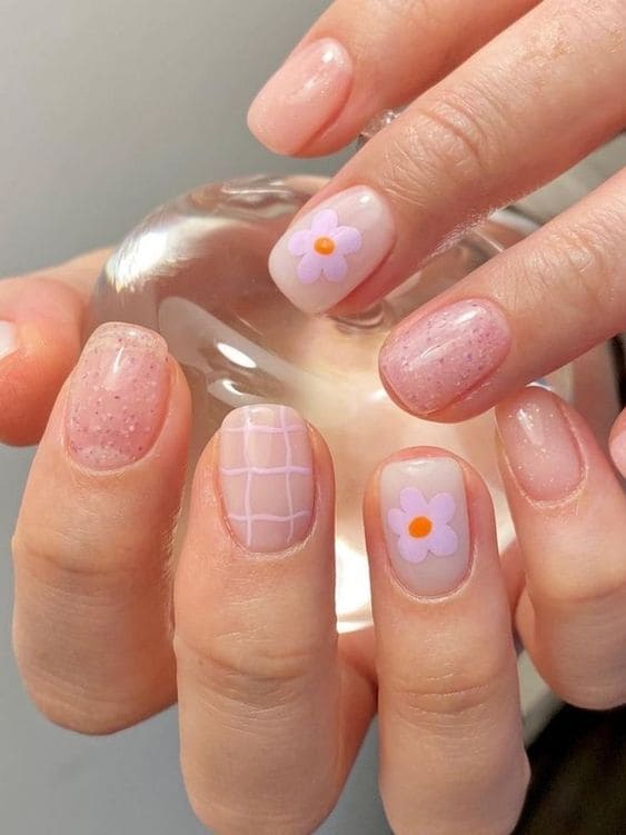 Korean floral accent nails
