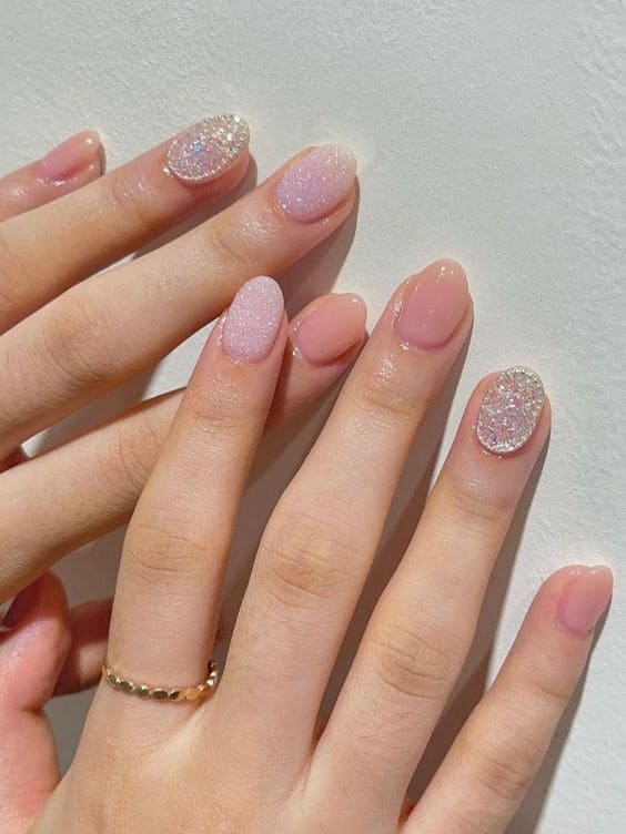 Korean nude pink nails with sparkles
