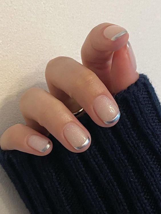 Korean silver nail design: chrome French tips