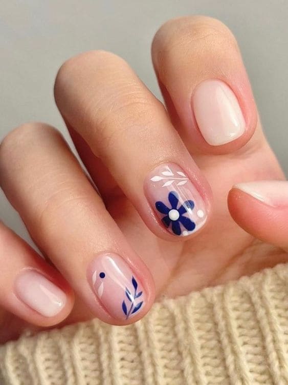 simple blue floral nails