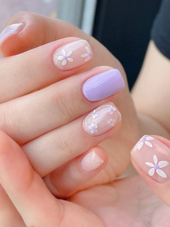 Korean simple flower nail design: lavender