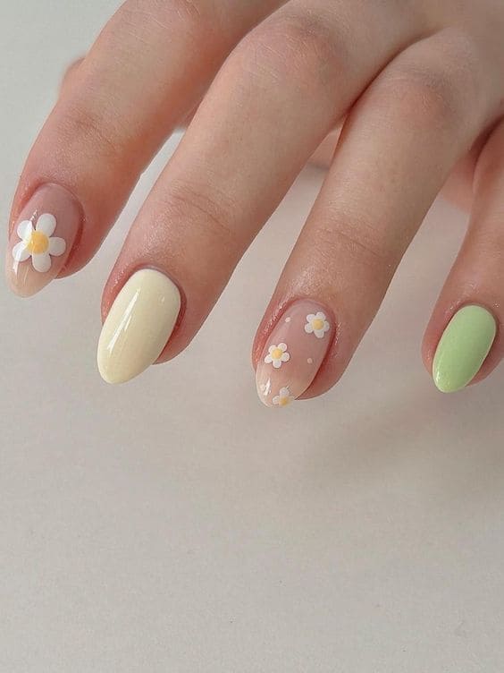 light green nails with subtle florals
