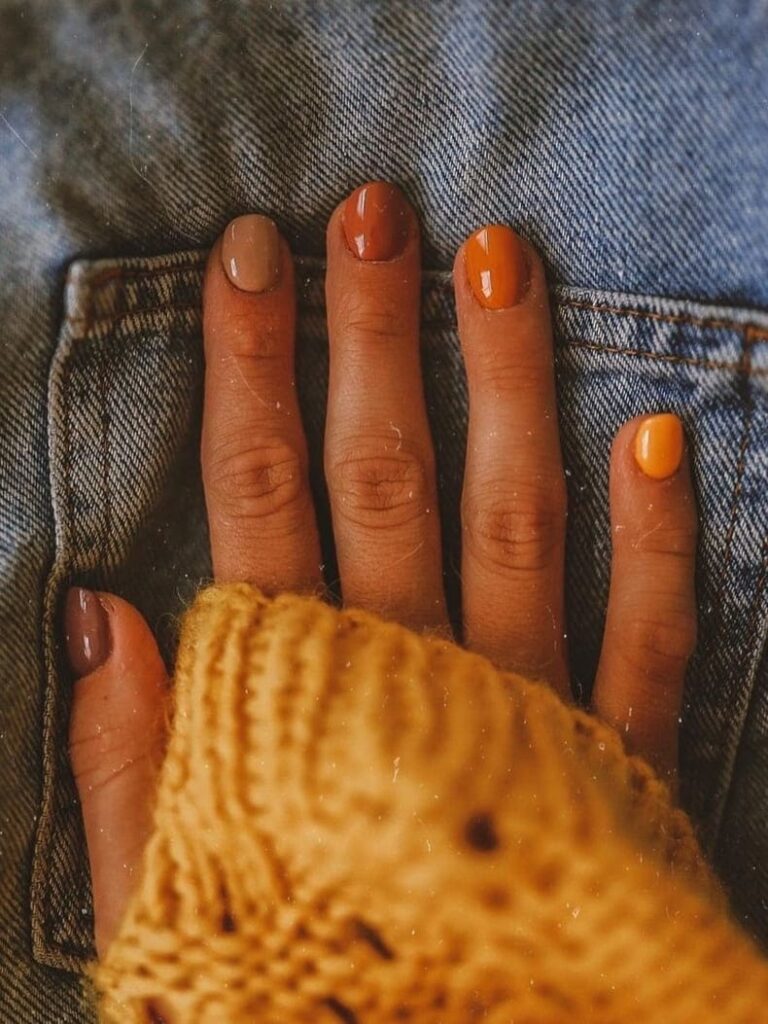 thanksgiving nail design: brown, orange, yellow