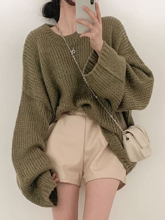 casual Korean fall outfit: oversized knit top and shorts