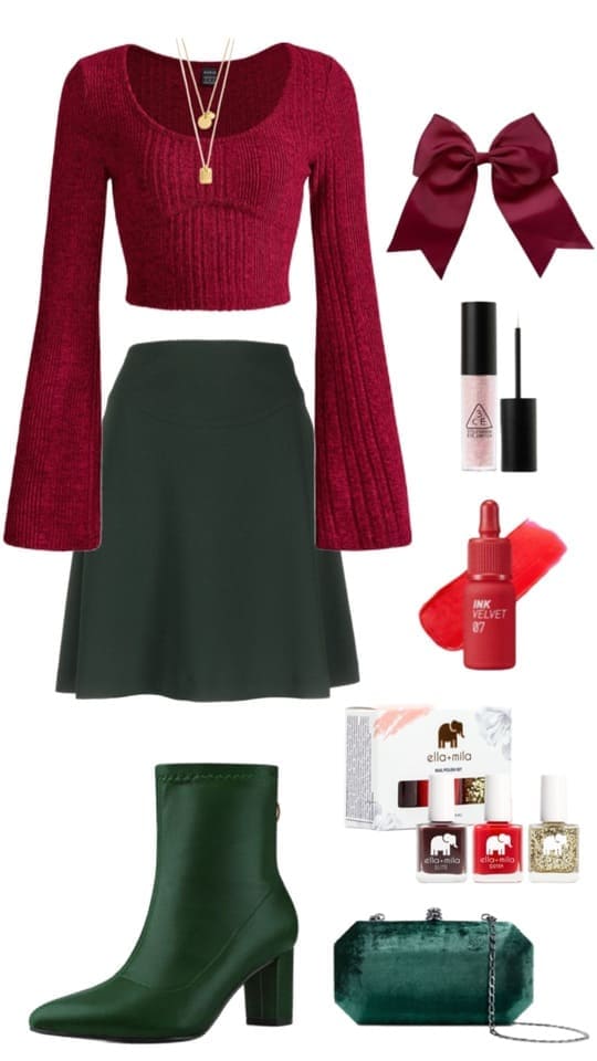 casual Christmas party outfit: red top and green mini skirt 