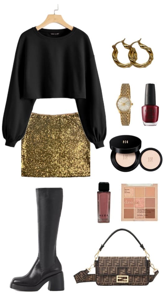 black top and sequin mini skirt 