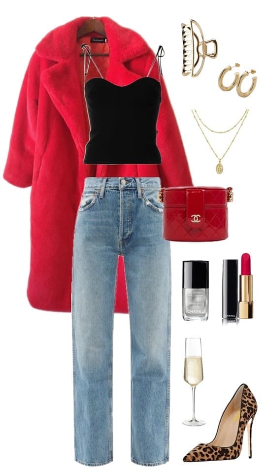 casual Christmas party outfit: red coat and jeans
