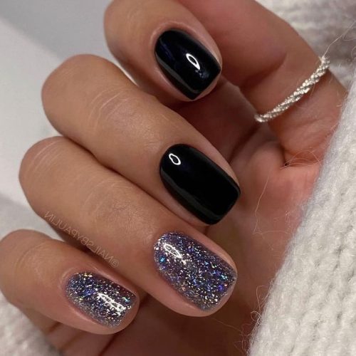 new years eve nails: solid black and silver glitter