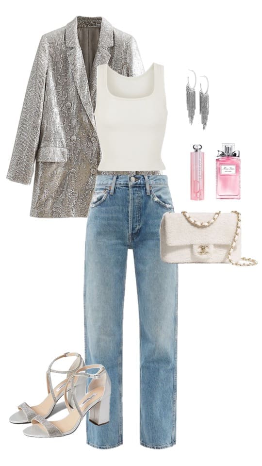 sequin jacket and jeans