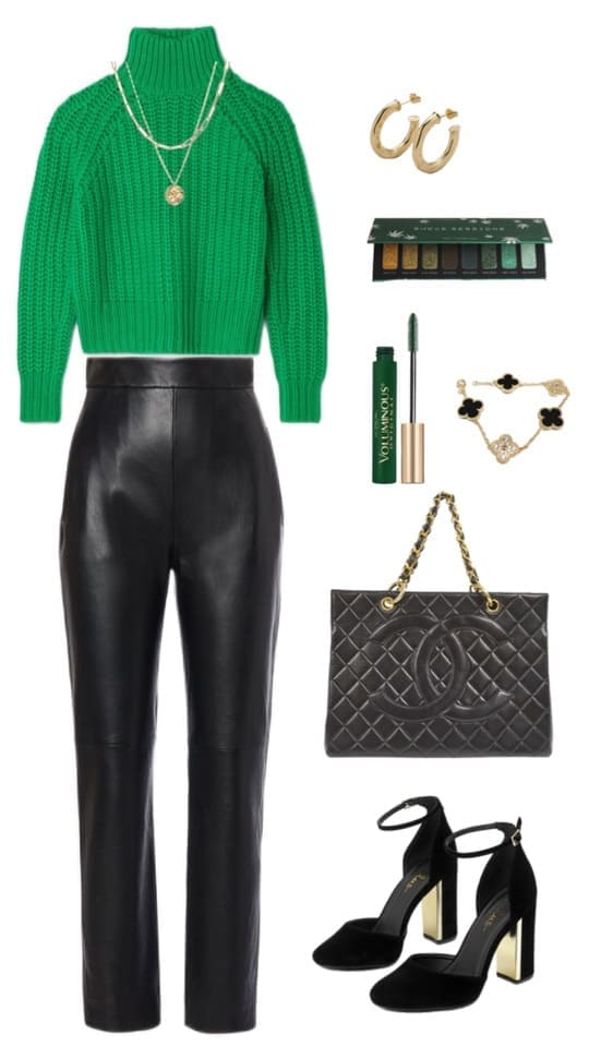 green sweater and leather pants 