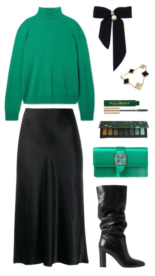 work Christmas party outfit: green sweater and black slip skirt