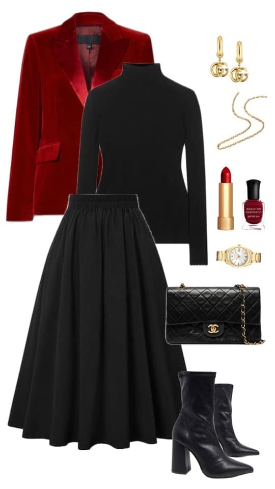 work Christmas party outfit: red blazer and black pleated skirt 