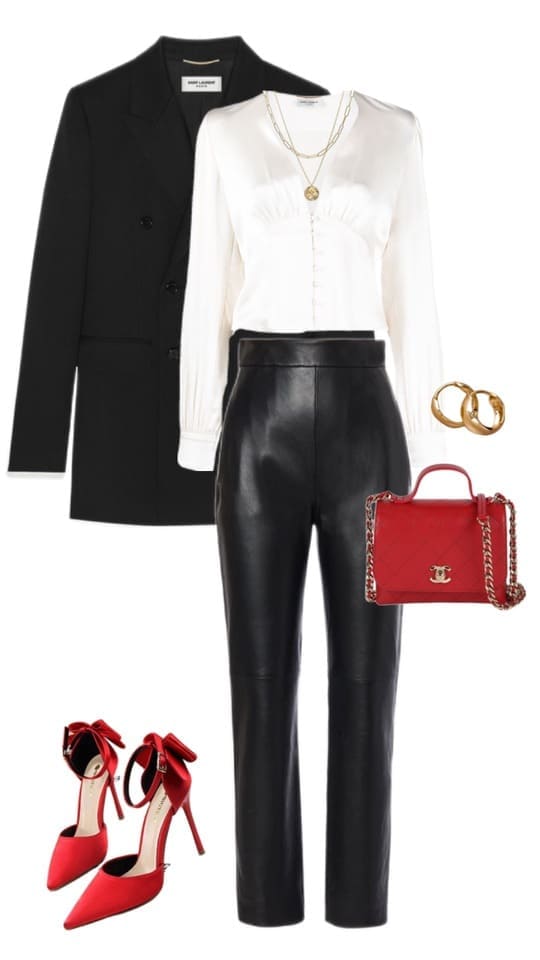 black suit set with a white blouse and red accent 