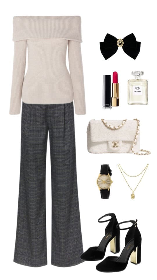 work Christmas party outfit: off the shoulder sweater and herringbone pants 