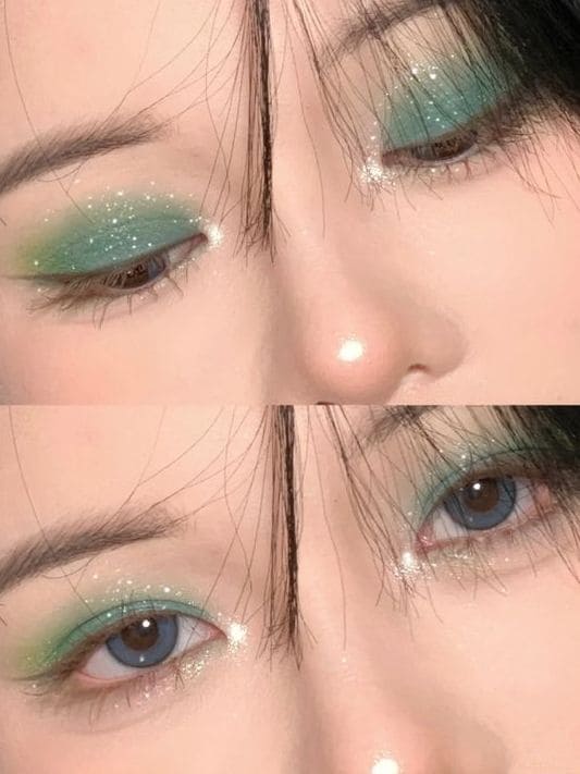 Korean Christmas makeup look: shimmery green eyes 