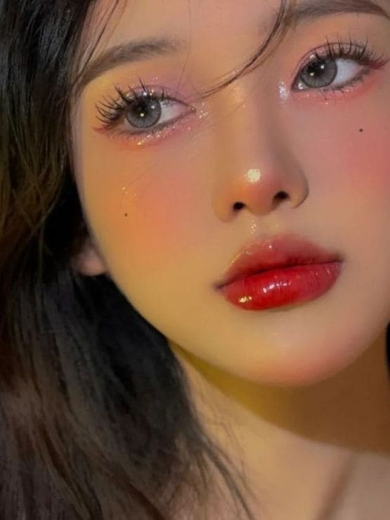 Korean Christmas makeup look: red lips