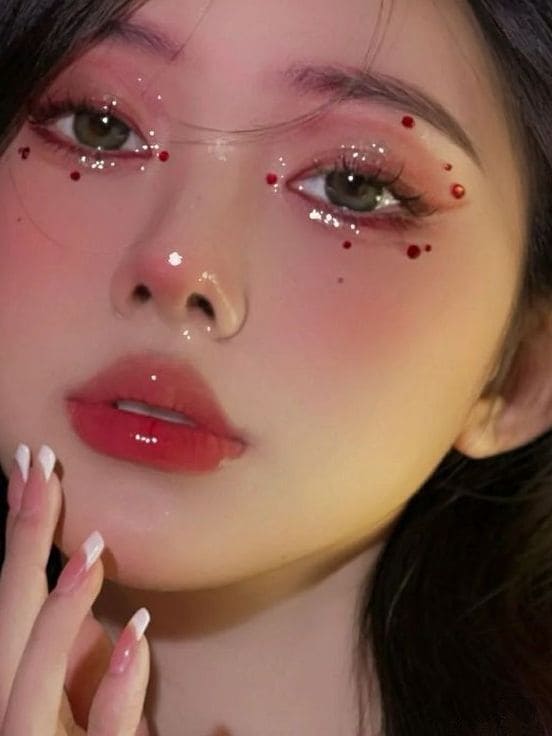 Korean Christmas makeup look: red gem accent 