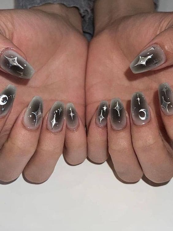 Korean blush nails with silver chrome design 