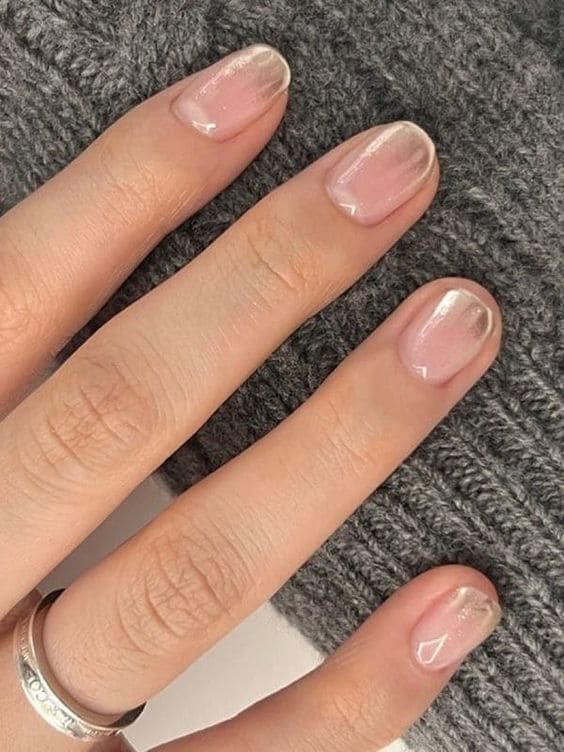 Korean silver chrome ombre nails 