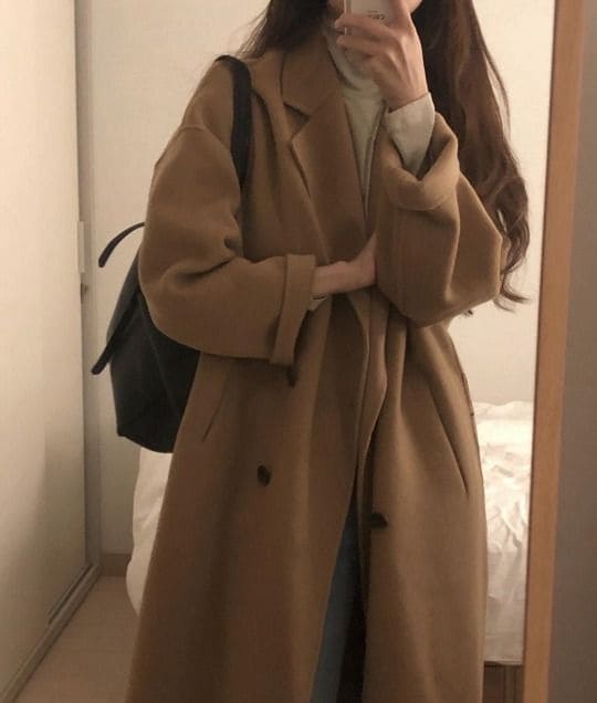 Korean winter outfit: camel coat
