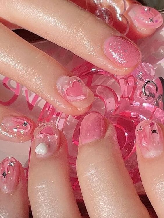 Korean y2k nails in pink glitter 