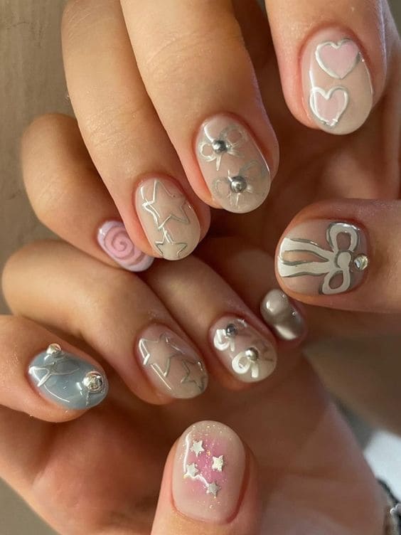 Korean y2k nails with bow accents