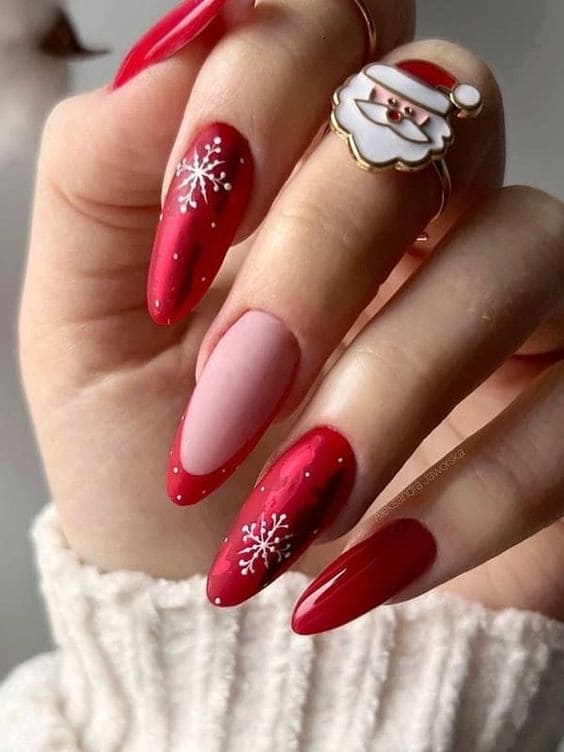 red Christmas nails: snowflake accent 