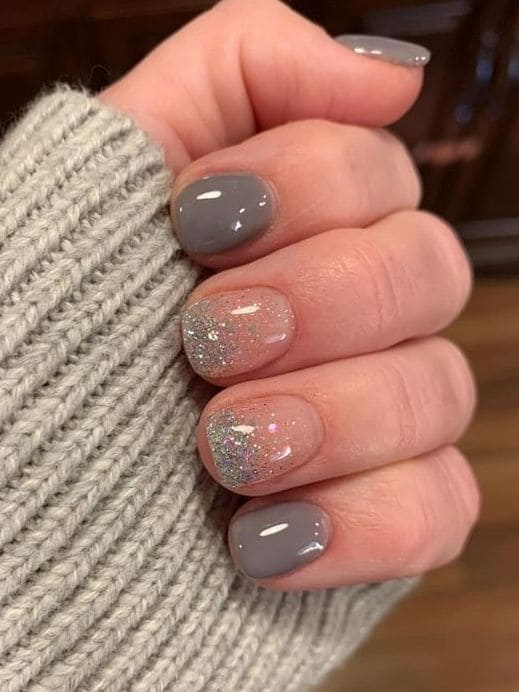 neutral gray nails with glitter 