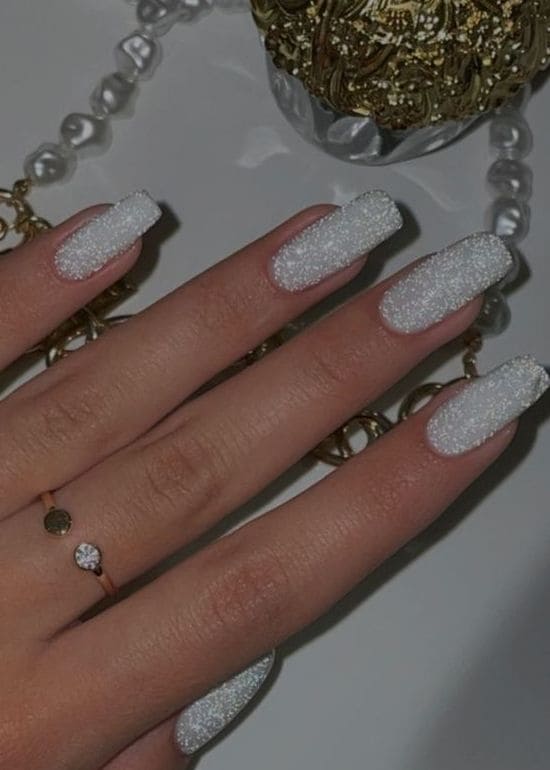 shining white, silver glitter nails 