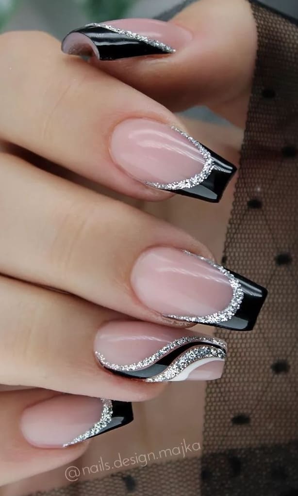simple black and silver glitter French tips 