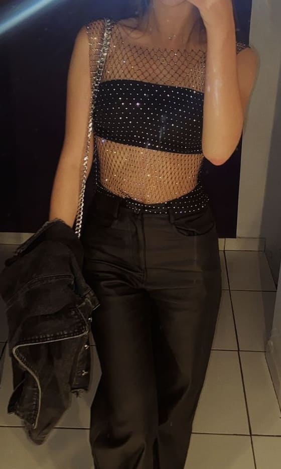 new years eve outfit: glitter mesh top