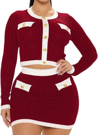 red knit sweater skirt set