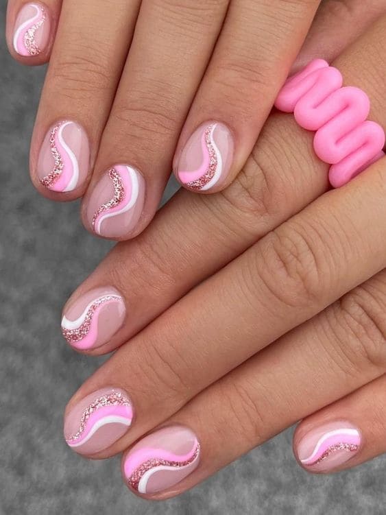 Korean short acrylic nails: pink swirls