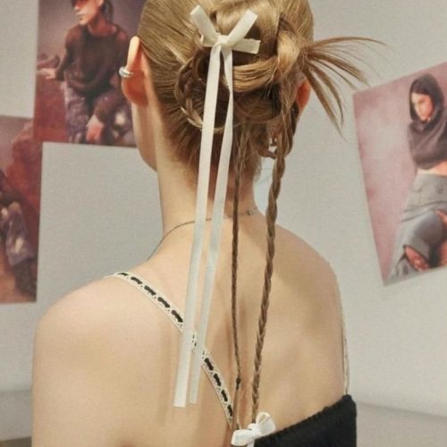 Kpop hairstyle with ribbons: braided updo