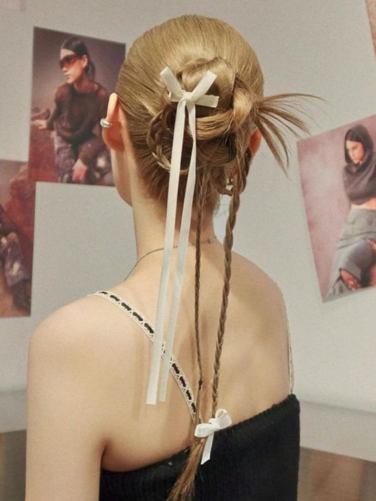 Kpop hairstyle with ribbons: braided updo