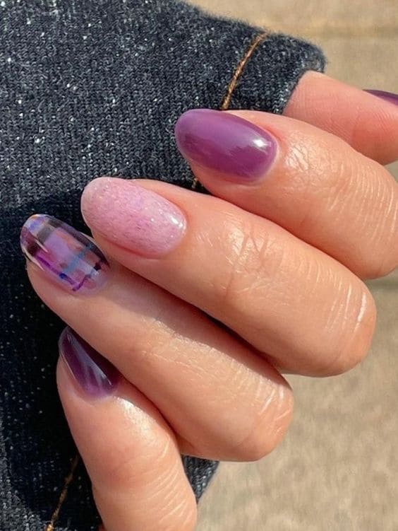 Korean purple nail design: plaid accent 