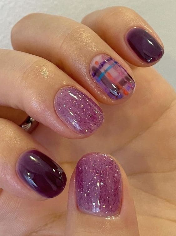 Korean purple nail design: plaid accent 
