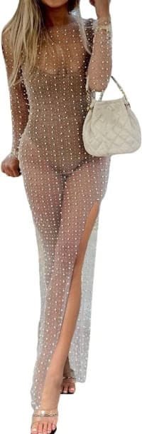 nude mesh dress with jewelry 