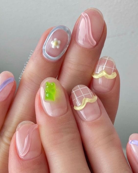 summer Korean nail design: 3d neon lines