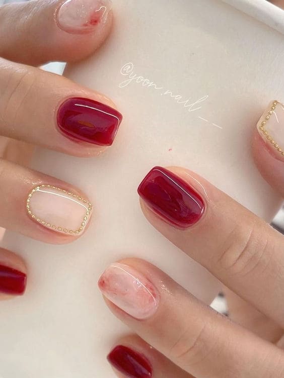 Korean watercolor burgundy nails