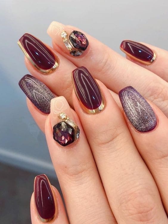 Korean gold gem accent nails