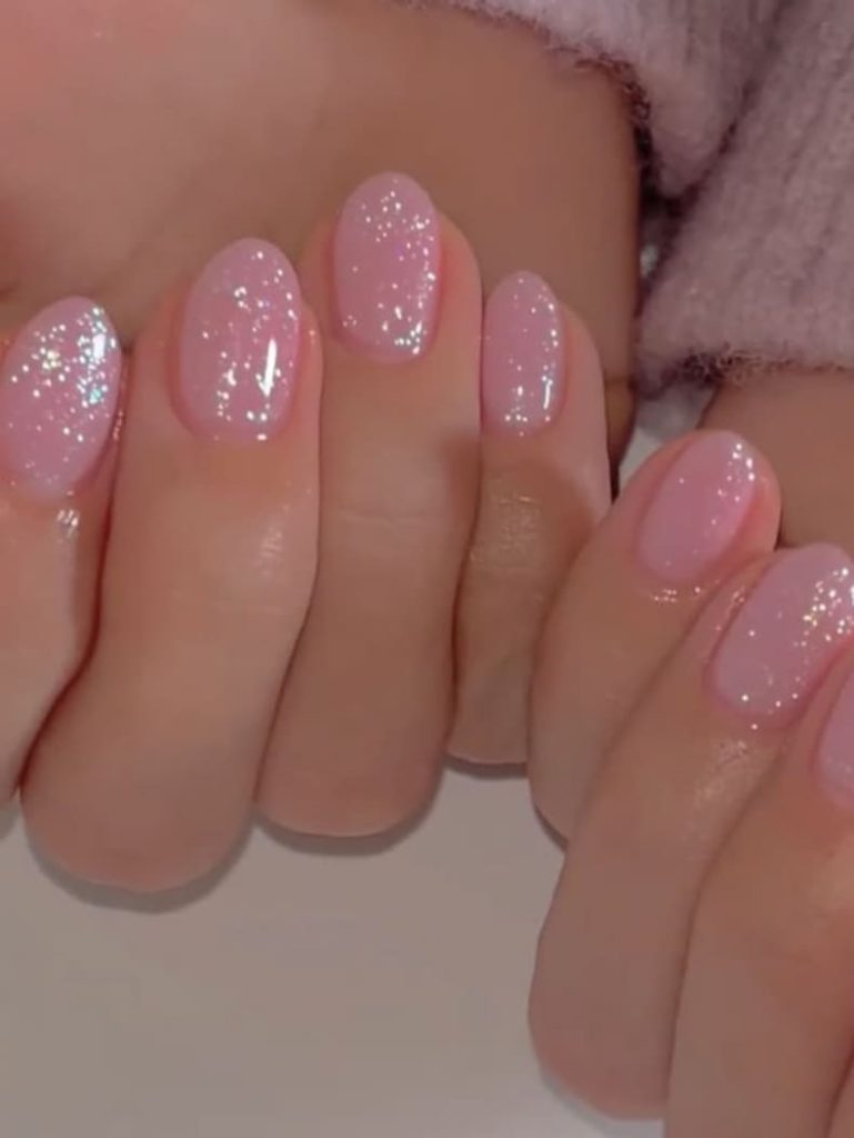 Korean short pink glitter nails