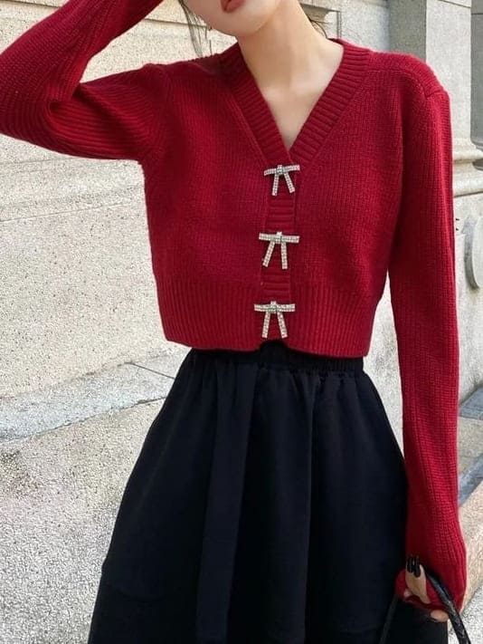 Korean Valentine's Day Outfits: red cardigan and black pleated long skirt