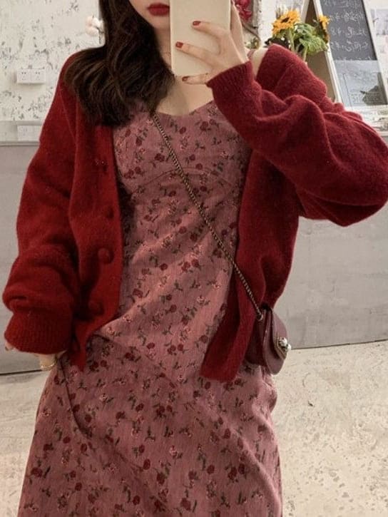 Korean Valentine's Day Outfits: burgundy cardigan and rose print dress 